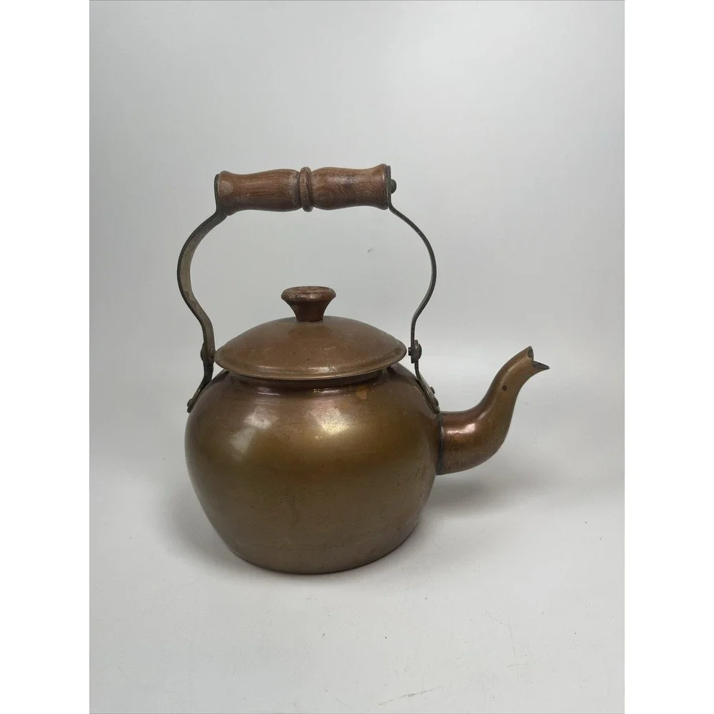 VTG Antique Copper Kettle Tea Pot Portugal Wooden Handle Primitive Country 7